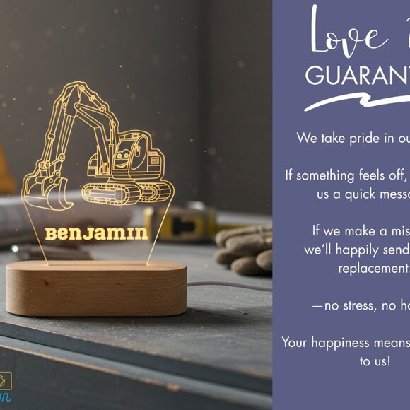 Personalized Excavator Night Light – Custom Toddler Room Lamp - Picture 6 of 8